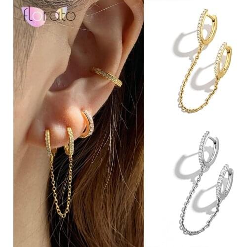 925 Sterling Silver Ear Buckle Two Ear Hole Piercing Hoop Earrings Chain Tassel Crystal Simple Bohemia Earring Jewelry For Lady