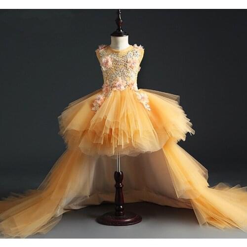 Golden Tulle Baby Girl Dresses Long Trailing Beads Lace Flower Baptism Dresses Infant 1 st Birthday Party Wedding Baby Clothes