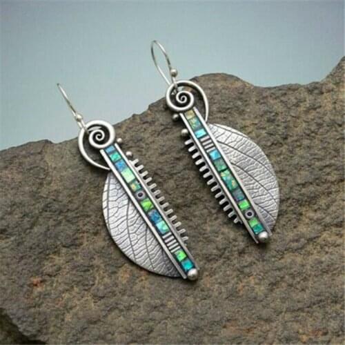 Silver Plated Long Hanging Abstract Rainbow Green Leaf Earrings Creative Serrated Shape Beaded Geometric Metal Dangle Jewelry