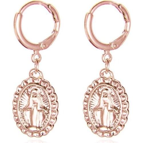 Banny Pink Religious Virgin Mary Earrings For Women Godness Catholic Statement Earrings Vintage Oval Circle Geometric Earrings