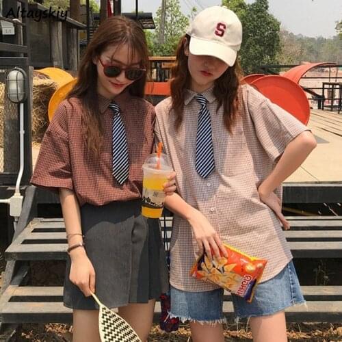 Shirts Women Students Plaid Summer Design Short Sleeve Harajuku Friends All-match 3 Colors Mujer Minimalist Vintage Chic Leisure