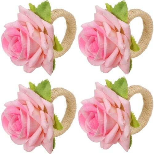 Handmade Flower Napkin Rings Faux Pink Rose Napkin Ring Serviette Buckles Holder for Table Decoration, Wedding