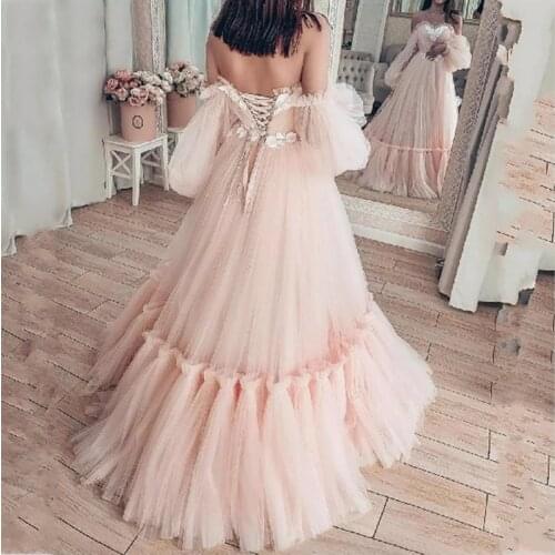 Puffy Tulle Appliques Off Shoulder Prom Dresses Long A Line Long Sleeve Formal Evening Party Gowns Lace-up Back Robes De Soirée