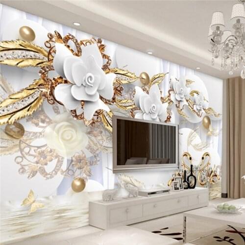 Custom Self-Adhesive Mural Wallpaper 3D Golden Ball White Flowers Photo Wall Painting Living Room TV Sofa Luxury Decor Stickers