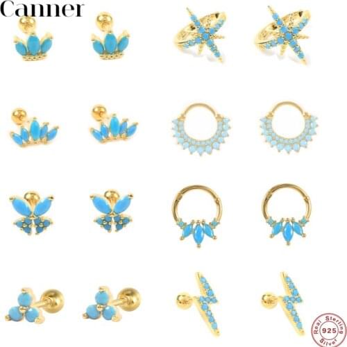 CANNER 1Pair 925 Sterling Silver Turquoise Stud Earring For Women Jewelry Helix Cute Small Piercing Cartilage Earring pendientes