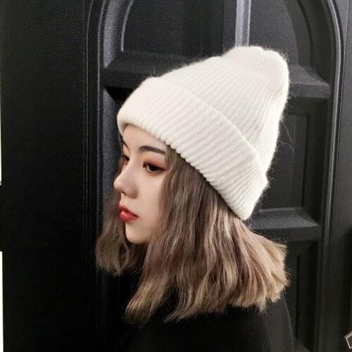 H3558 Women Knitted Beanie Hat Female Men Korean Warm Thickened Rabbit Hair Cap Casual Autumn Winter Pure Color Skullies Hats
