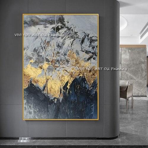 Modern abstract Gold blue peak 100% Handmade Abstract Modern Oil Painting Home Wall Art Decoration Painting