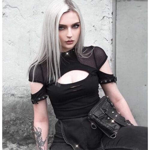 Edgy Clothes Shirt Top T shirt Fashion Gothic Harajuku Punk Slim Black Tee Patchwork Short Sleeve O-Neck Diablo Instagram