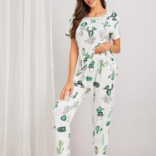 Cartoon Print Womens Pajamas Short Sleeve Tops Long Pants Sleepwear Set Korean Female Summer Homewear Suit Night Pajamas 2021