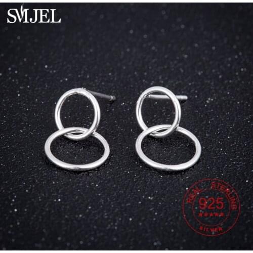 SMJEL Classic Double Round Stud Earrings 925 Sterling Silver Women Fashion Jewelry Geometric Hollow Circle Earing piercing oreja