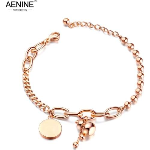 AENINE Trendy Stainless Steel Gourd & Round Tag Charm Bracelet For Women Bohemia Beach Chain & Link Bracelet Jewelry AB18104