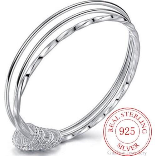Fashion 925 Sterling Silver Woman Cuff Bracelet Three circle Retro Chain Bangle Party Wedding Jewelry Charm Girl Gifts