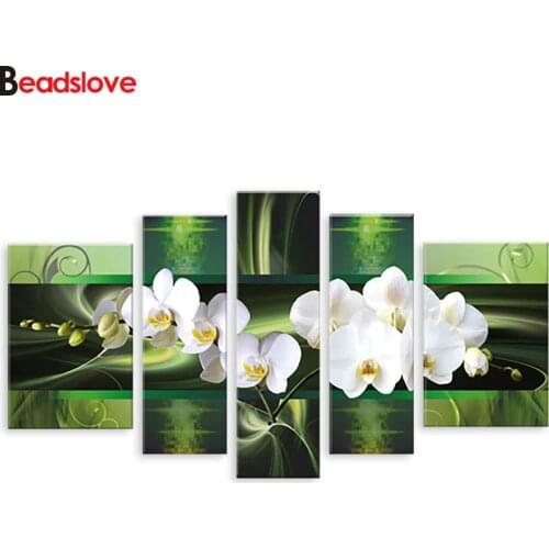 Diamond painting wall art, 5 pieces white orchid flowers diamond embroidery Multi-picture wall mural mosaic picture