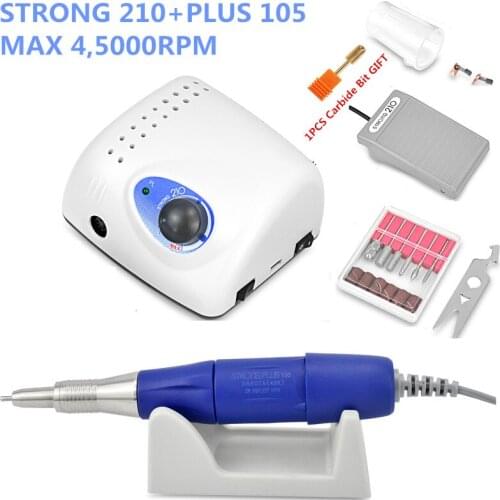 FREE GIFT 2019 STRONG 210 plus 105 105L Handpiece 65W 45000rpm Nail Drills Manicure Machine Pedicure Electric File Bits