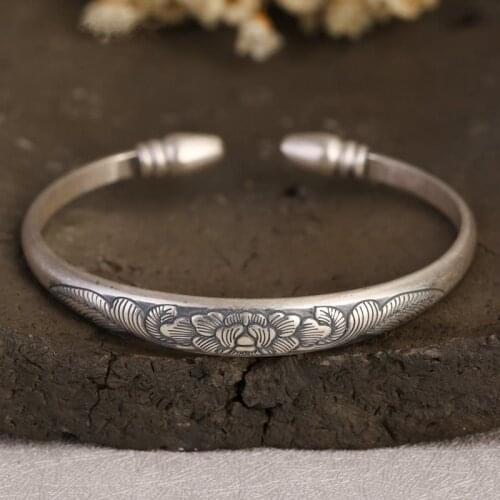 Thai Silver 999 Bracelet Vintage Style Peony Pattern Sterling Silver Antique Silver Bracelet for Women Anniversary Gift Jewelry