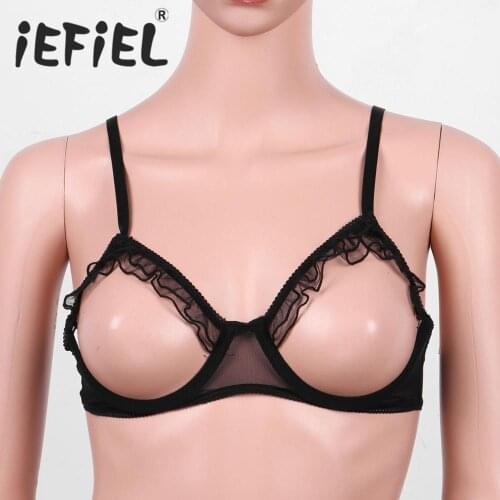 Sexy Womens Erotic See Through Bras Mesh Lingerie Adjustable Spaghetti Shoulder Straps Bare Breast Ruffles Underwired Bra Top