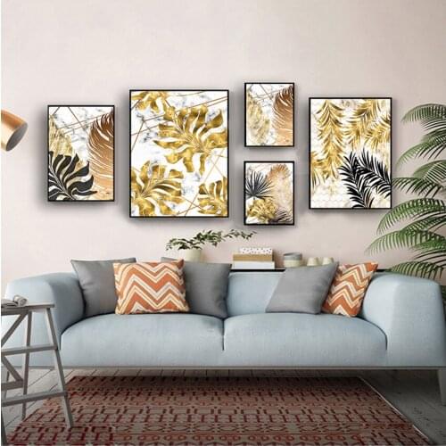 For living room bedroom dinning room modern decor Nordic plants Golden leaf canvas painting posters and print wall art pictures