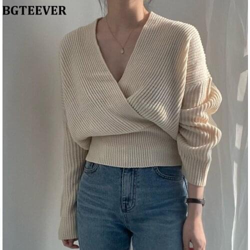 BGTEEVER Elegant V-neck Ladies Knitted Pullovers Jumpers Autumn Winter Full Sleeve Loose Casual Women Solid Sweaters Tops 2021