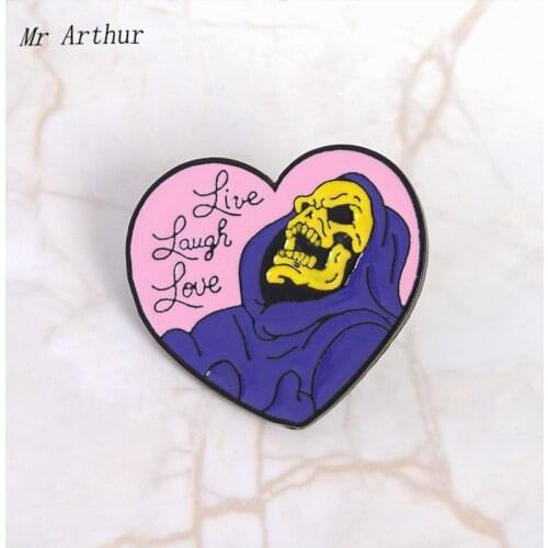 Heart Skeleton Enamel Pin Live Laugh Love Brooch Backpack Clothes Lapel Pin Punk Jewelry Gift for Friends