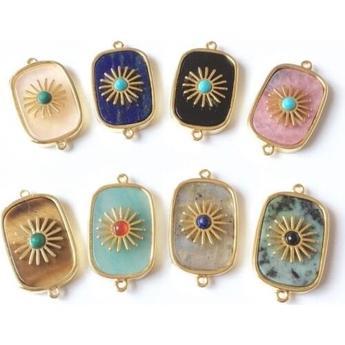 FUWO Natural Crystal Quartz Rectangle Connector Pendant With Gold Sun Flower Retouch for Bracelet Necklace Jewelry Making PD303
