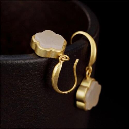 Natural Hetian white jade plum blossom Earrings Chinese style retro court elegant unique charm womens silver jewelry