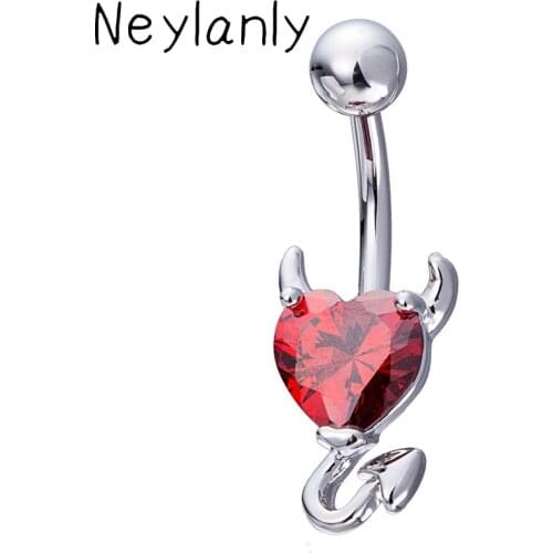 1 Piece 316L Stainless Steel Garnet Heart Zircon Crystal Devil Belly Button Ring Navel Piercing Nombril Ombligo Body Jewelry 14g