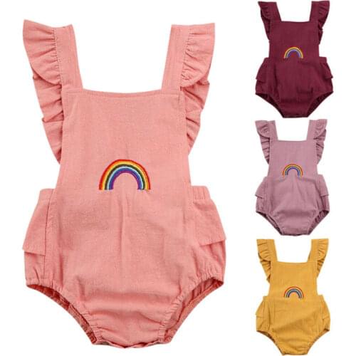 Summer Cute Newborn Baby Girls Romper Ruffled Sleeve Backless Playsuit One-Piece Cotton Rainbow Sunsuit Boho Outfit