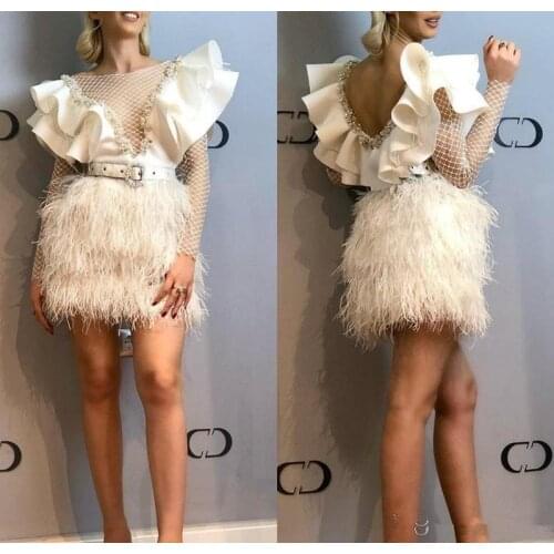 2021 Ivory Short Prom Dresses Jewel Neck A Line Crystal Feather Cutaway Sides Cocktail celebrity Party Dress Women Wear