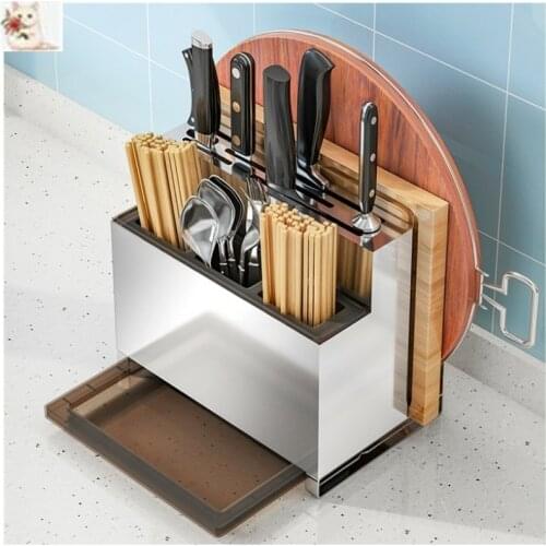 304 Stainless Steel No Drilling Wall Mount Kitchen Storage Rack Knives Holder Cutlery Box Utensils Organizer Tableware Container