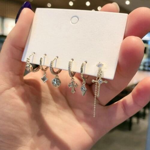 VENTFILLE 6 Pieces/set 925 Sterling Silver Star Bird Tree Leaf Blue Eye Hoop Earrings Set for Women Micro Zircon Party Jewelry