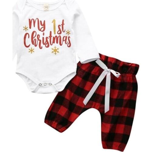 Toddler Girl Clothes Autumn Newborn Baby Boy Girl Letter First Christmas Romper Plaid Pants Xmas Outfit Clothes
