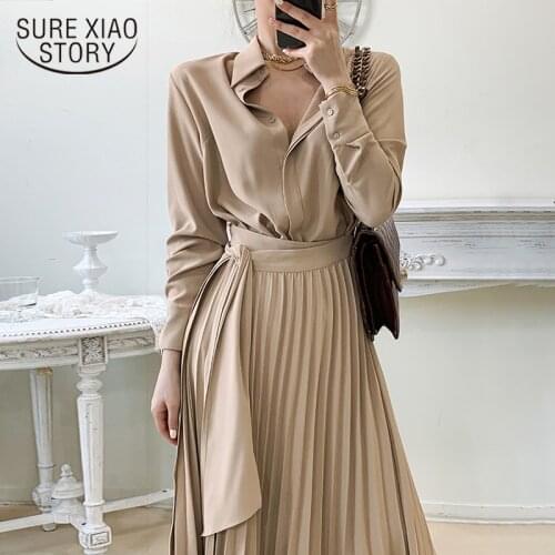 Solid Pleated Long Dress New Fashion Elegant Dress For Women Long Sleeve V Neck Vintage Winter Dresses Khaki Robe Femme 12794