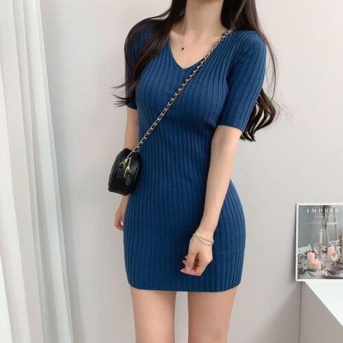 Dresses For Women 2021 Summer Korean V-Neck Slim Chic Ribbing Knit Short Wrap Hip Pencil Dress Beige