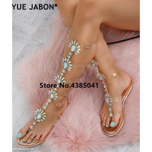 Clear PVC transparent Flat Sandals Woman Knee High Rhinestone Gladiator Sandal Long Boots Bohemia Style Crystal Beach Shoes