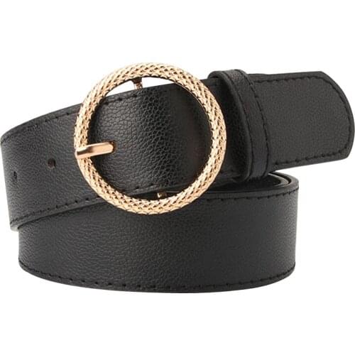 Fashion New Female belt Alloy Embossed round buckle Pin Buckle Imitation Leather Women belt Trend Casual Corset belt Waist belt
