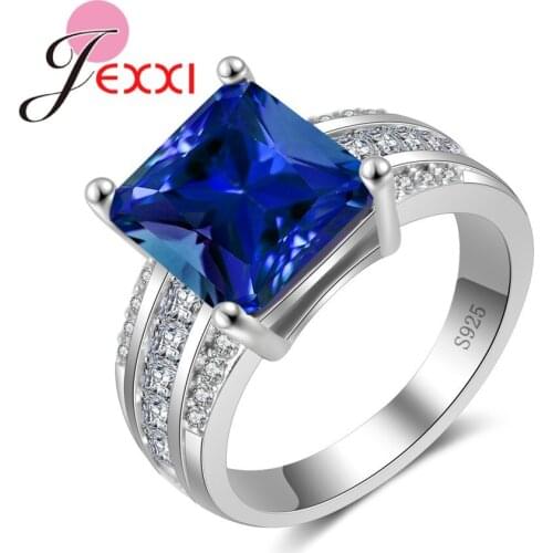 Silver Rings For Women With Blue Square Crystal Fashion Anniversary Valentines Days Ring Gifts Bands Jewelry