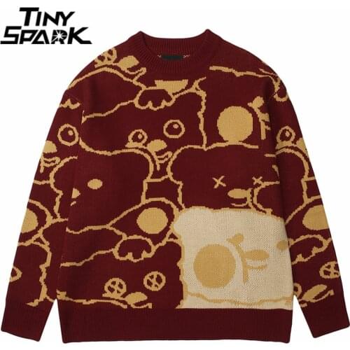 Men Hip Hop Knitted Sweater Streetwear Funny Bear Print Harajuku Pullover Sweater 2021 Autumn Cotton Casual Sweater Black Blue