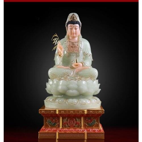 39CM LARGE -high-grade Home Hall TOP efficacious Talisman Mascot Guanyin Buddha Natural jade gilding carving Sculpture statue