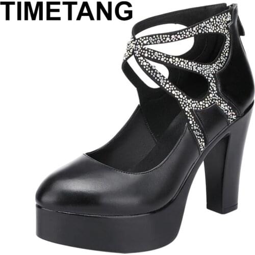 TIMETANGSmall Plus Size32-43Split Leather Women Pumps Spring Summer 2021Rhinestone High Heels Shoes Platform Thick Bottom Office