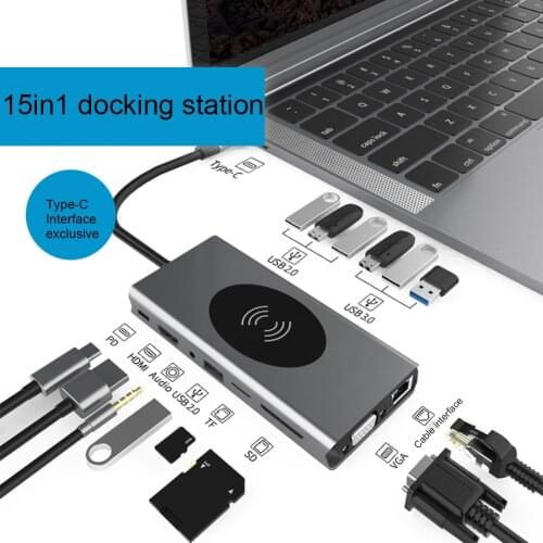 USB Type C to HDMI VGA 1080P USB3.0*4 RJ45 PD Audio3.5 SD 10W Wireless Charger Hub Adapter USB Splitter for Laptop Mobile Phone