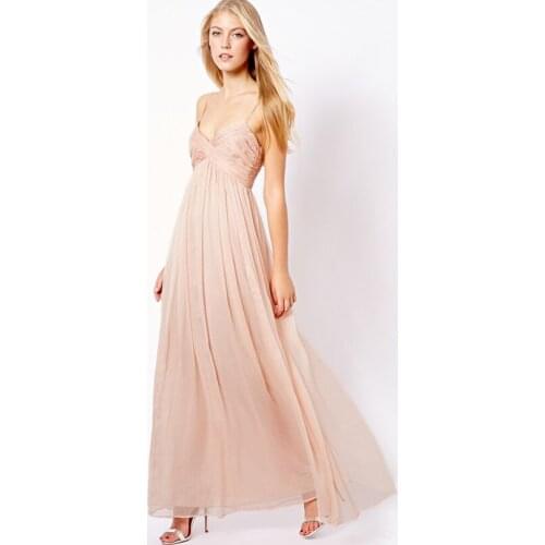 Retro and beautiful nude color super fairy chiffon sexy sling big swing long dress holiday beach skirt