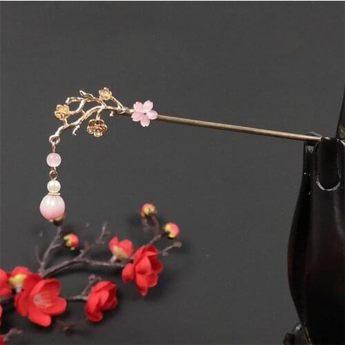 Vintage Hair Chinese Classic Crystal Bead PeachHairpins Flowers Hanfu Hair Clips with Tassel Headwear Wedding Accessories