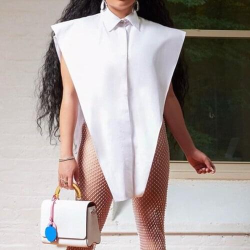 2021 Fashion Design Women Solid Blouses Turn-Down Collar Sleeveless Button Shirt Side Hollow Cut Out Elegant Lady Tops Hot Sale