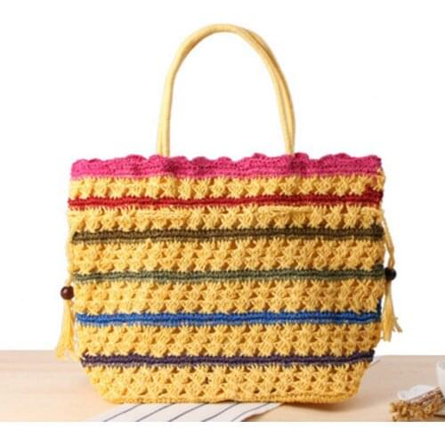 Ethnic wind pumping with straw bag large-capacity shoulder woven bag womens travel vacation beach leisure bag