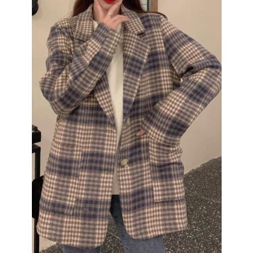 Jacket Womens Spring and Autumn Small Suit Korean Style Loose Casual Plaid Jacket Pocket Woolen Coat Short