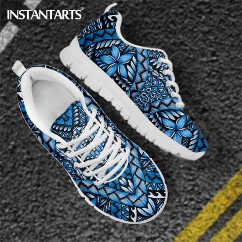 INSTANTARTS Casual Flats Woman Shoes Blue Samoa Floral Hibiscus Polynesian Printed Lightweight Walking Sneakers Zapatillas Mujer
