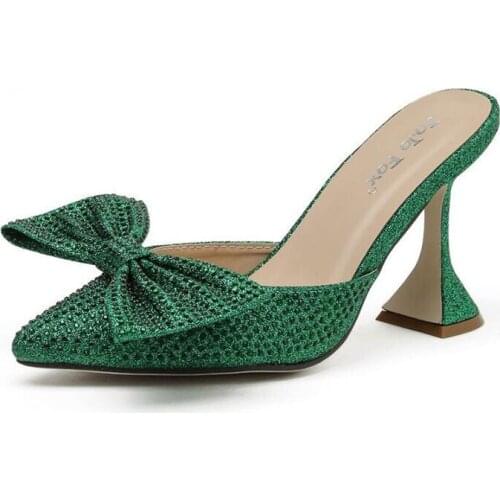 Women Casua plus big size shoes Soring Med Heel Mules Slippers Ladies Pointed Toe Strange Style Crystal Outside Sandals Shoes