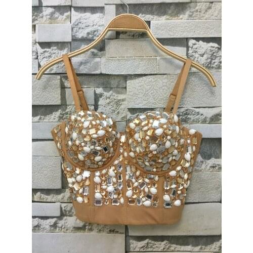 P145 Hand-made Beaded Gaga Rhinestone Bustier Pearls Push Up Night Club Bralette Womens Bra Cropped Tube Top