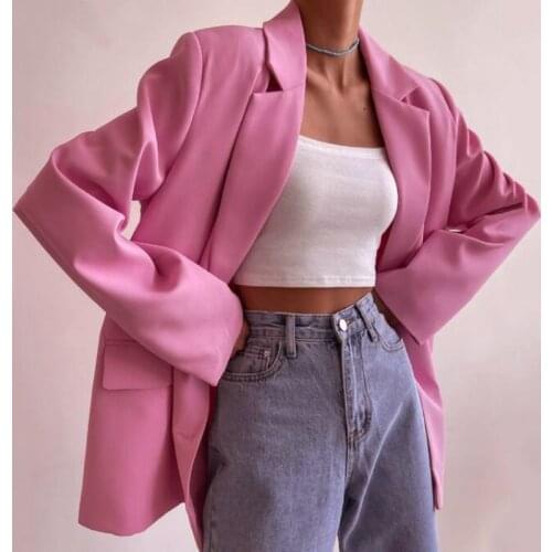 Holiwind 2021 Women Pink Khaki Blazer Coat Vintage Notched Collar Pocket Female Casual Chic Tops Oversized Suit Jacket