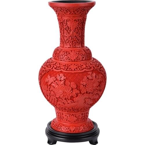15 inch / Exquisite Chinese Classical Traditional Technology Red Lacquerware Flower Designs Auspicious Vase